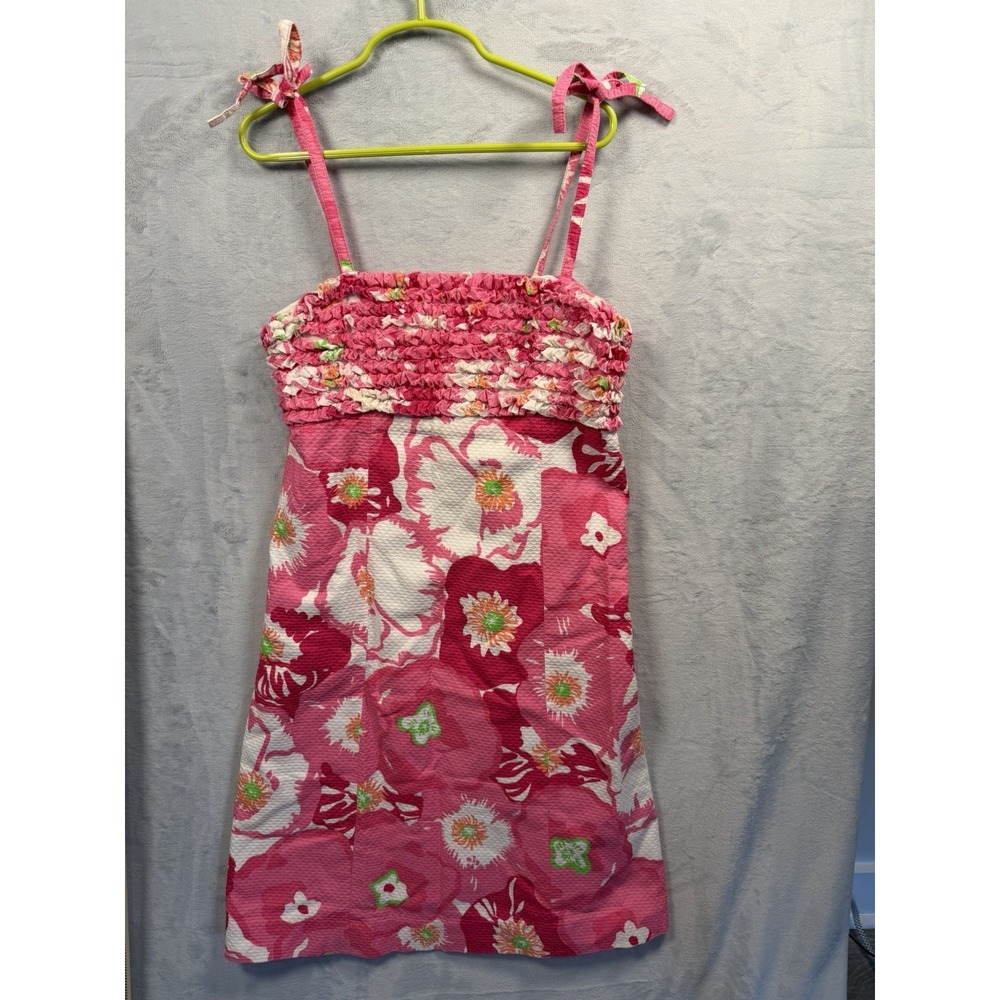 Lilly Pulitzer Girls Cherry Begonias Pink Red Floral Seersucker Dress 14 97735G